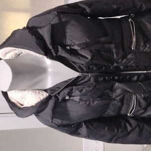 Komene black thigh length down coat. Small